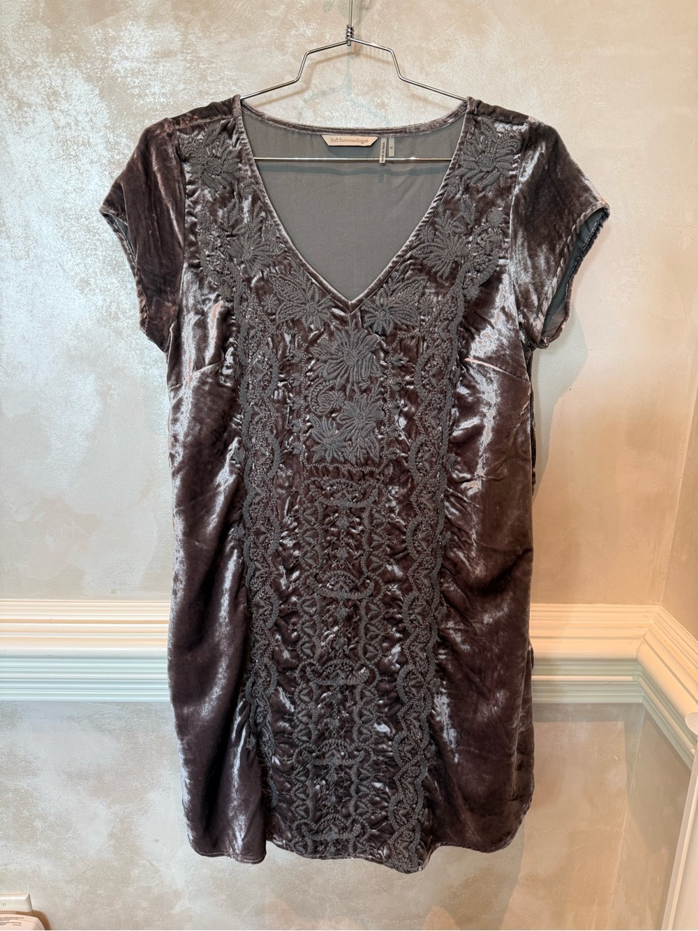 Soft Surroundings Charcoal V-Neck Tunic with Embroidered Front